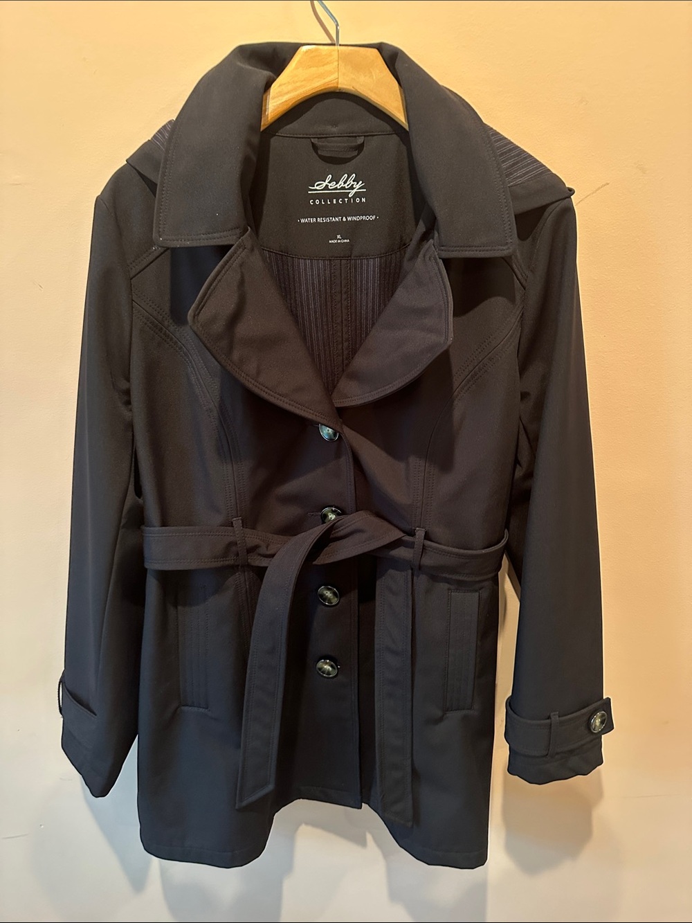 Sebby Collection Black Softshell Trench Coat Hooded Belted XL